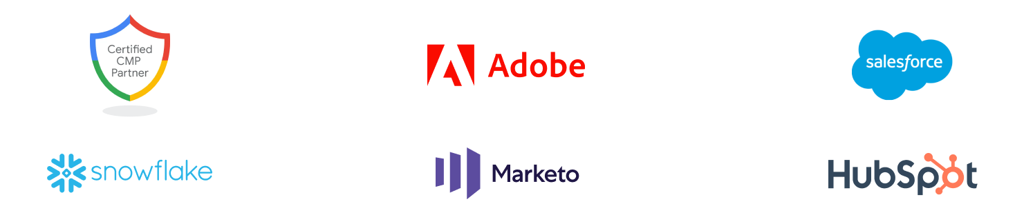 Logo lockup with CMP, Adobe, salesforce, snowflake, Marketo and Hubspot logos
