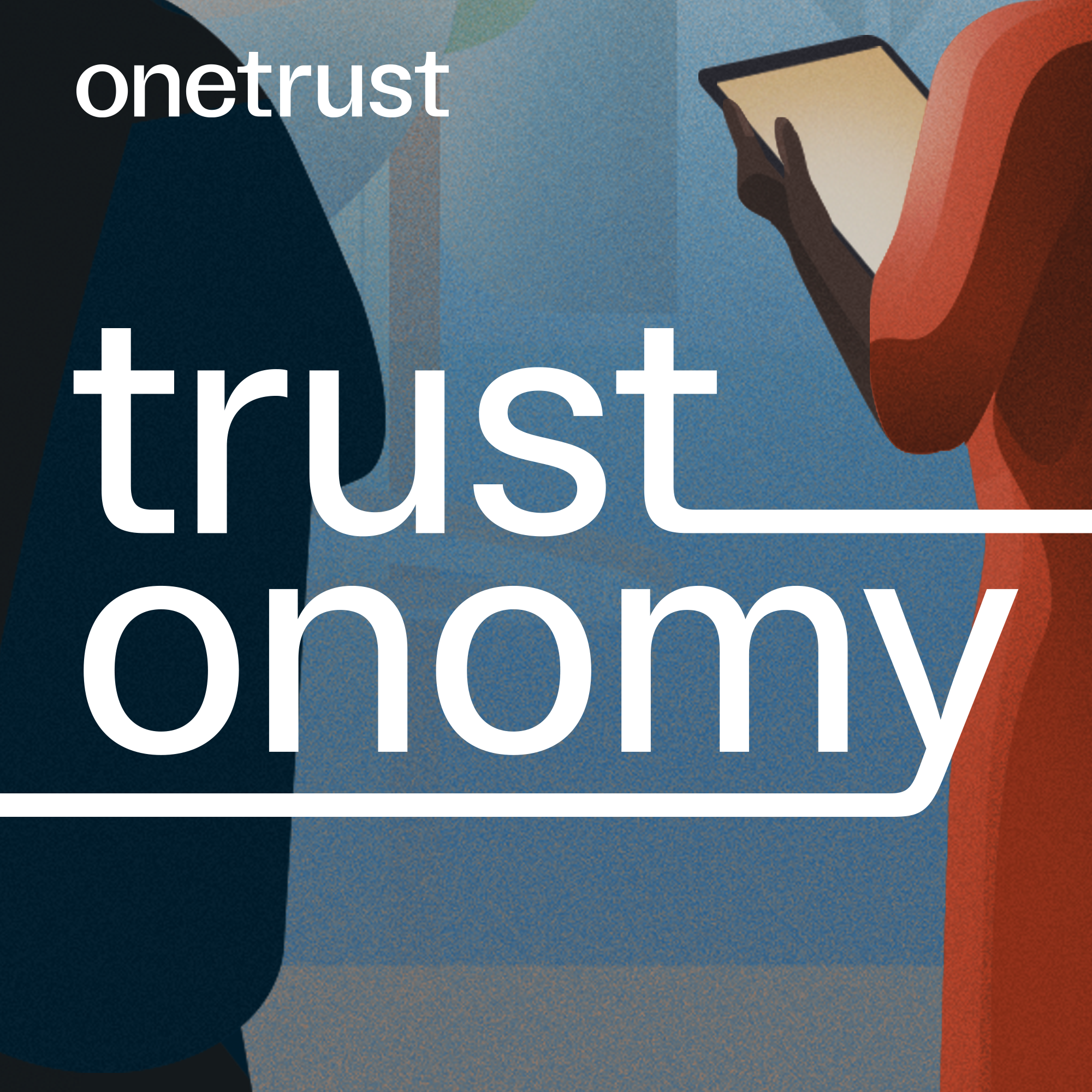 Illustration of two people in a futuristic society working diligently with a tablet.