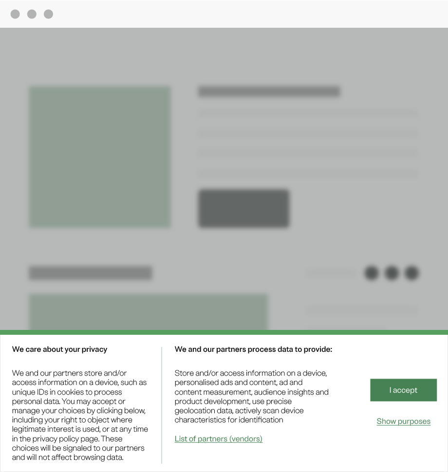 A cookie banner with a privacy notice, a link to participating partners, a button to accept, and a link to show purposes