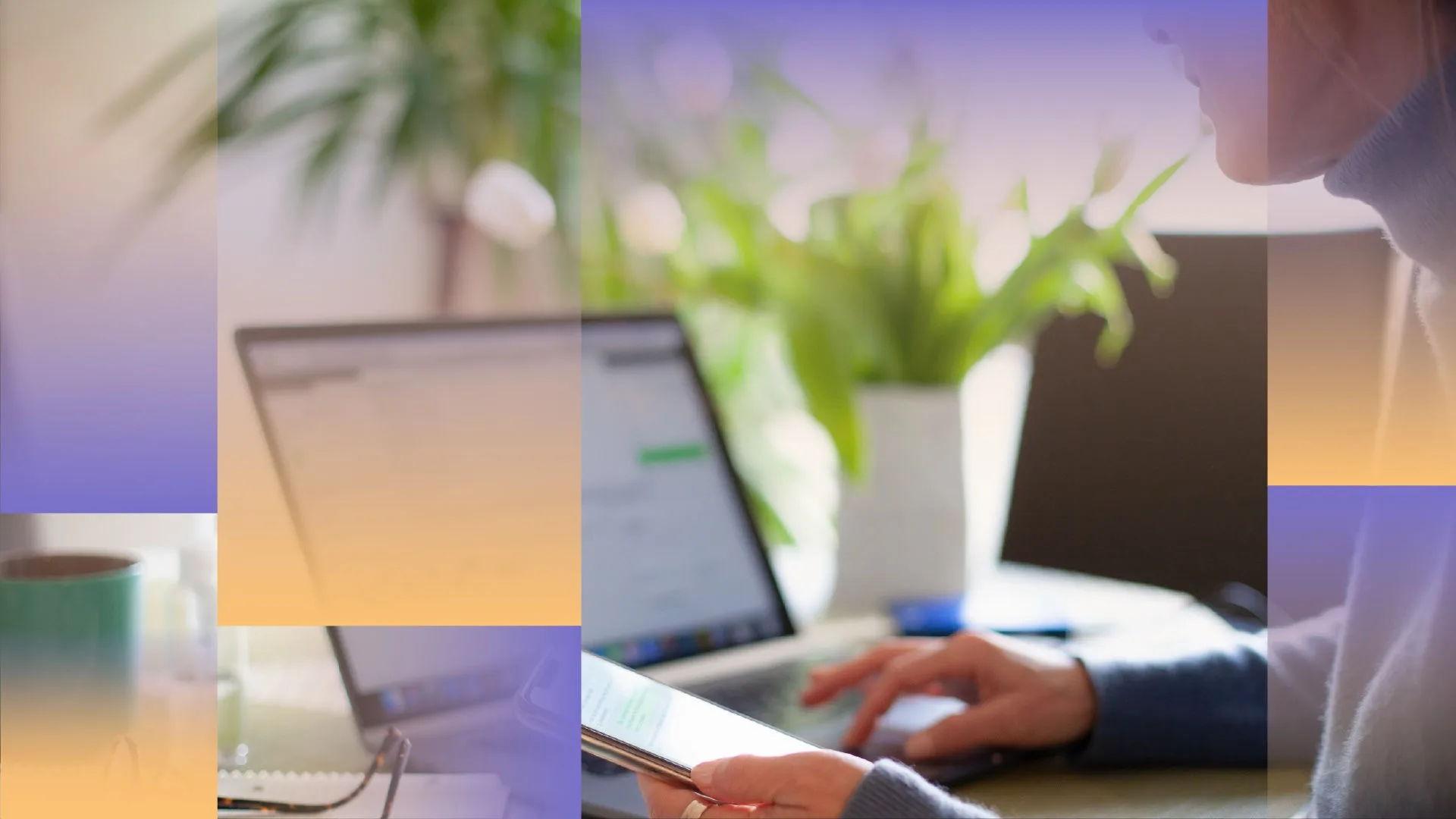 Person working at a modern desk, using a laptop and smartphone with a notebook nearby, plants in the background, and abstract color overlays suggesting a digital workspace.